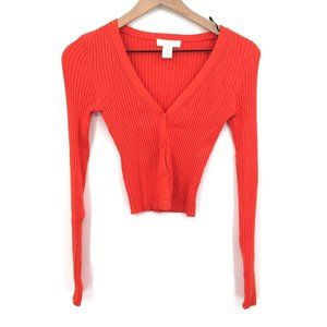 H&M V-neck button front long sleeved cardigan cropped top orange red XS women's